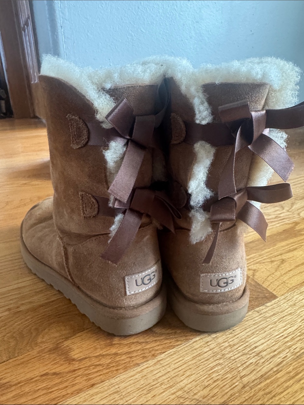 UGG Chestnut Suede Bailey Bow Boots with Shearling Trim - used condition